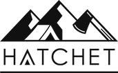 Black company logo of Hatchet Headwear with a stylized hatchet, tent, and mountain design.