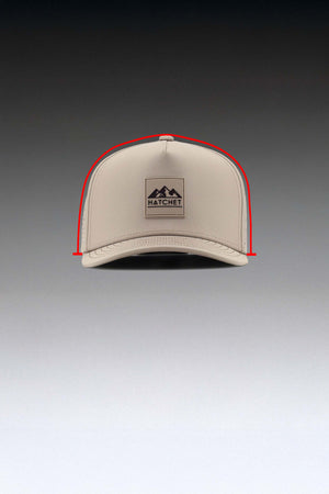Boulder colored Rover premium performance fitted hat  positioned forward facing.  Hugging the crown of the  hat is a curved red line immediately above the hat.  The curved red line is intended to depict how the depth of the hat is measured.  The hat is sitting in front of a gray gradient background.