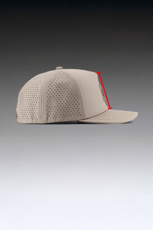 Boulder colored Rover premium performance fitted hat  positioned to show the side profile of the hat.  From the top of the bill to the top of the front panel is a straight red line.  The straight red line is intended to depict how the front panel height of the hat is measured.  The hat is sitting in front of a gray gradient background.