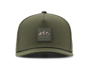 Hunter Green colored Rover premium performance fitted hat from Hatchet Headwear pictured with a white foreground and background.  Hat features a color matched Hunter Green rubber logo patch with the Hatchet Headwear logo (mountains, tent, and  hatchet above the word "HATCHET) in taupe.  The hat is pictured from the front and facing directly at the camera.